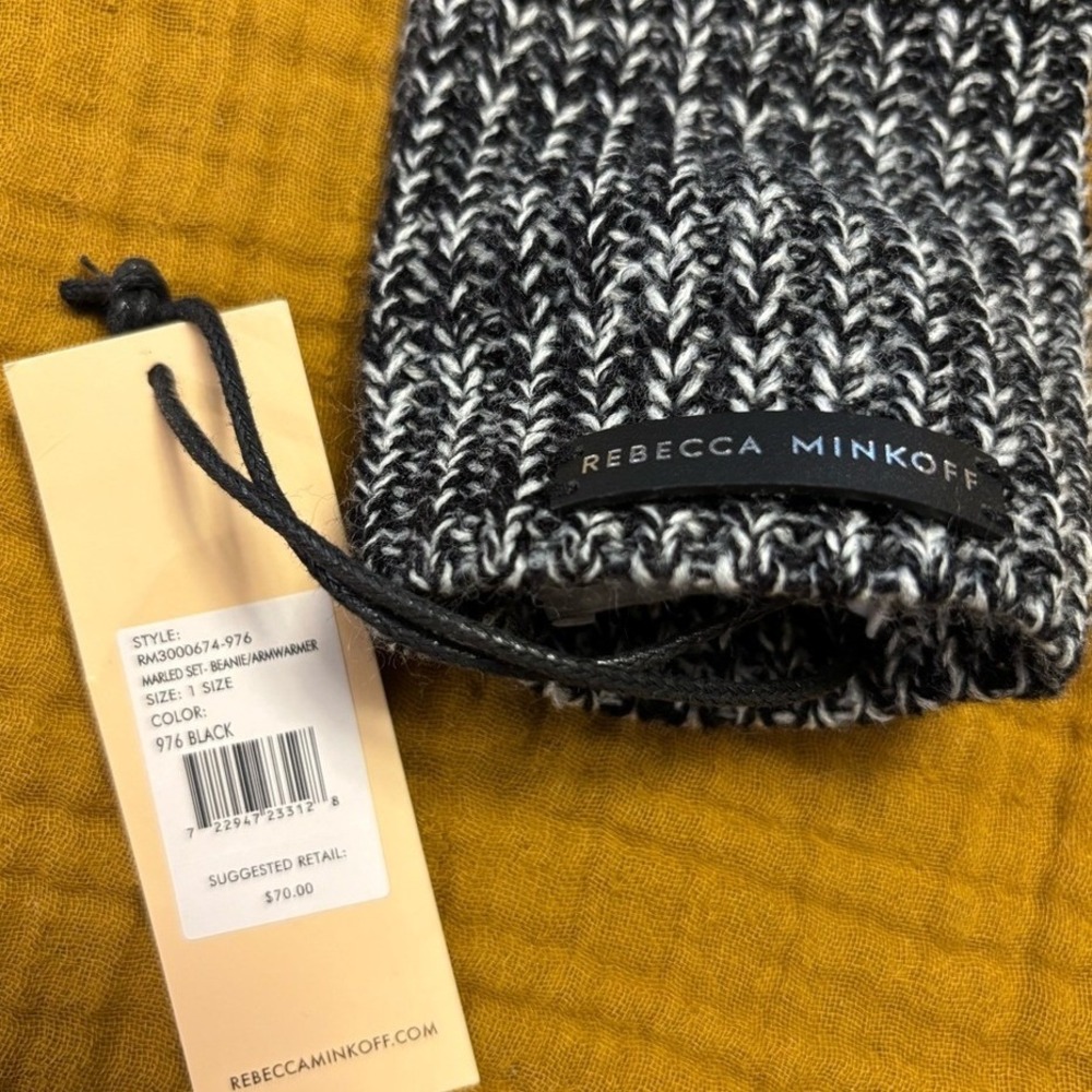 Rebecca Minkoff Beanie and Arm Warmer Set Marled Knit Black White One Size - Picture 3 of 4